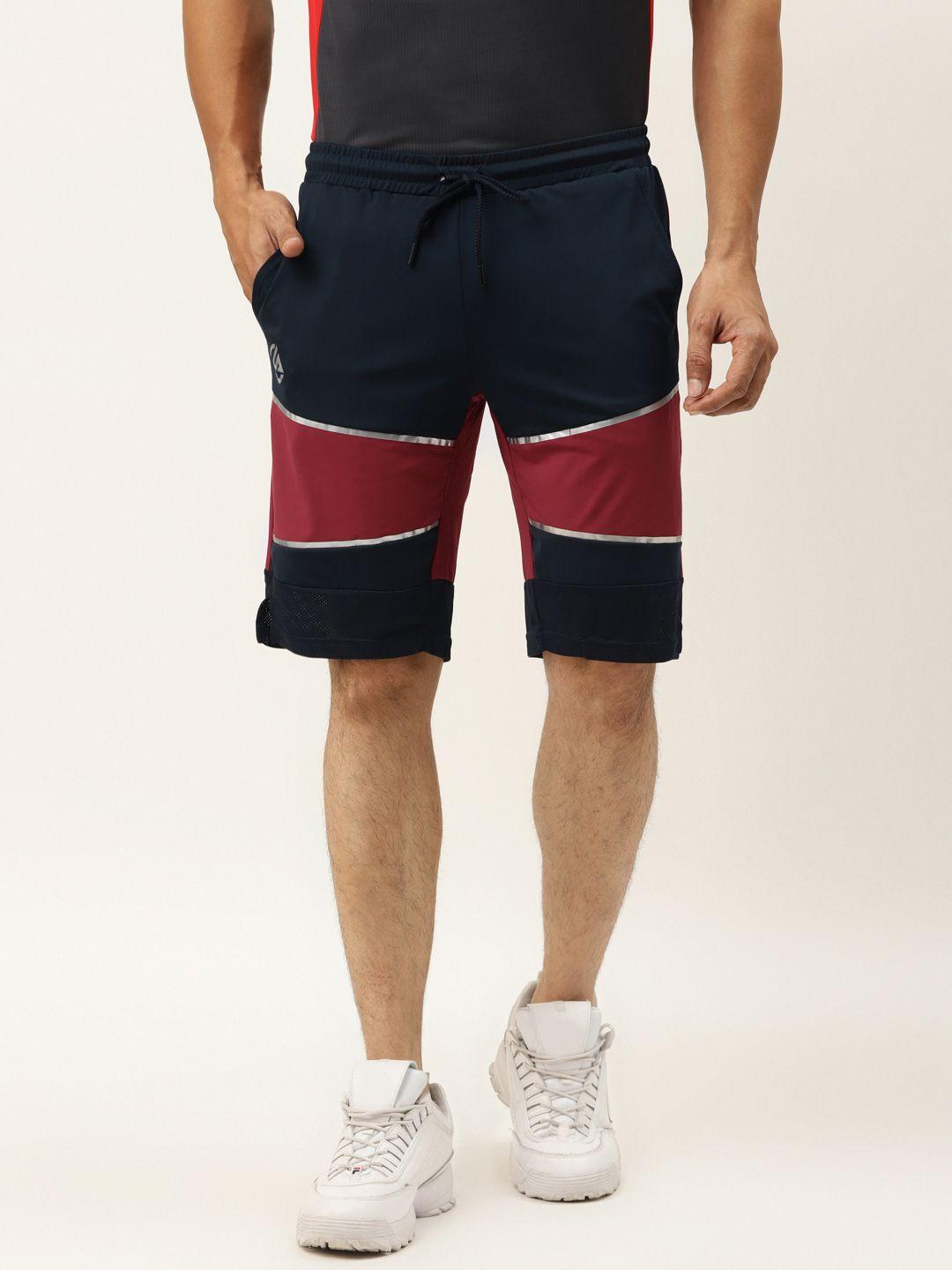 actoholic men navy blue & maroon colourblocked regular fit sports shorts