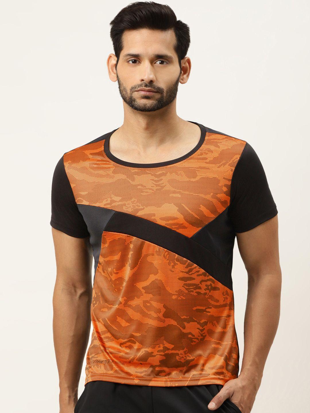 actoholic men orange & black printed round neck t-shirt