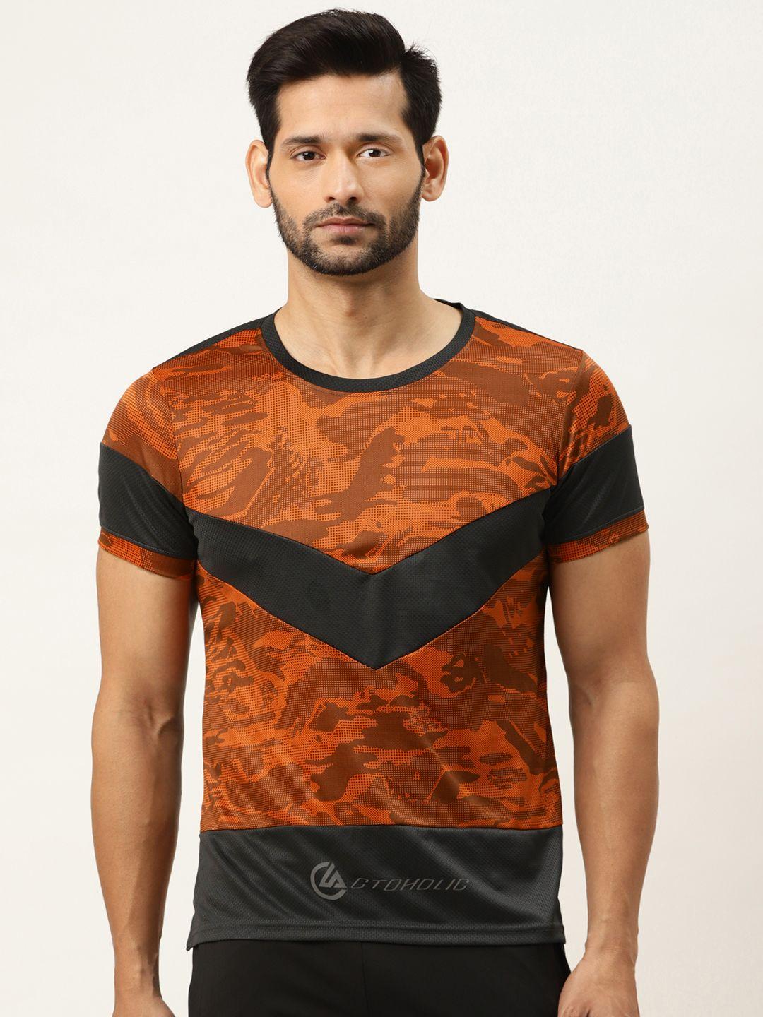 actoholic men orange & black printed round neck t-shirt