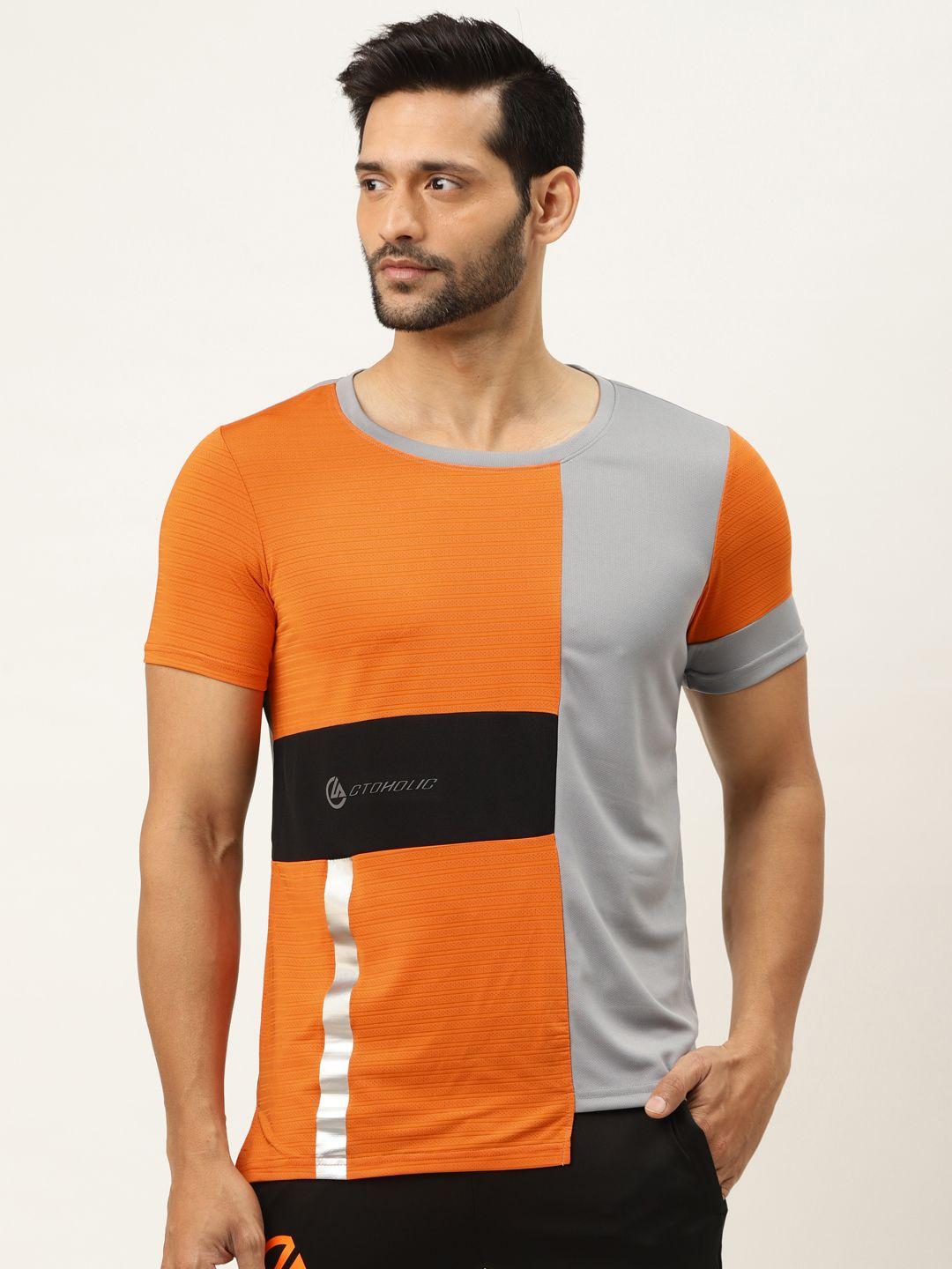 actoholic men orange colourblocked round neck t-shirt with brand logo printed detail