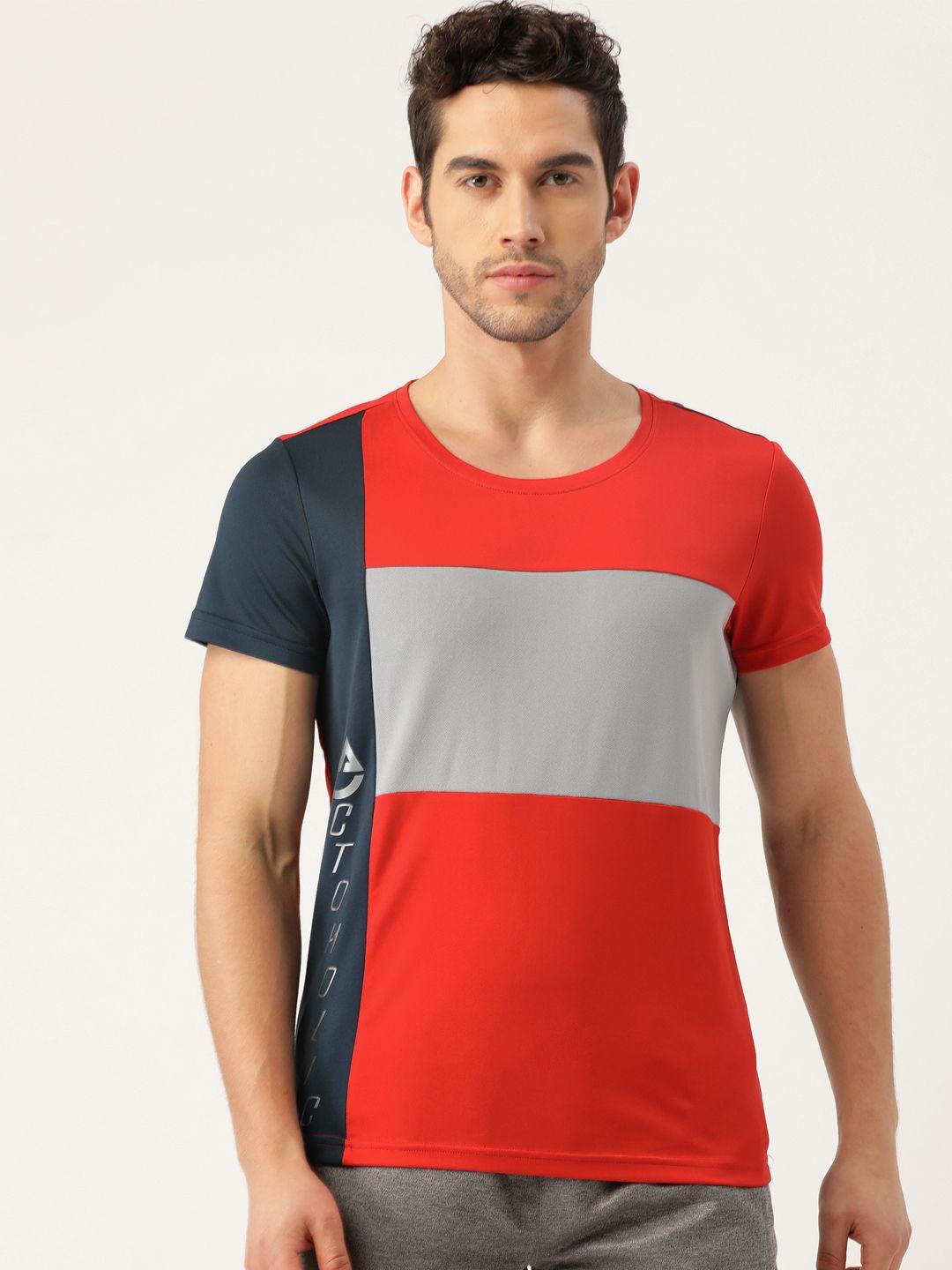 actoholic men red & navy blue colourblocked round neck t-shirt