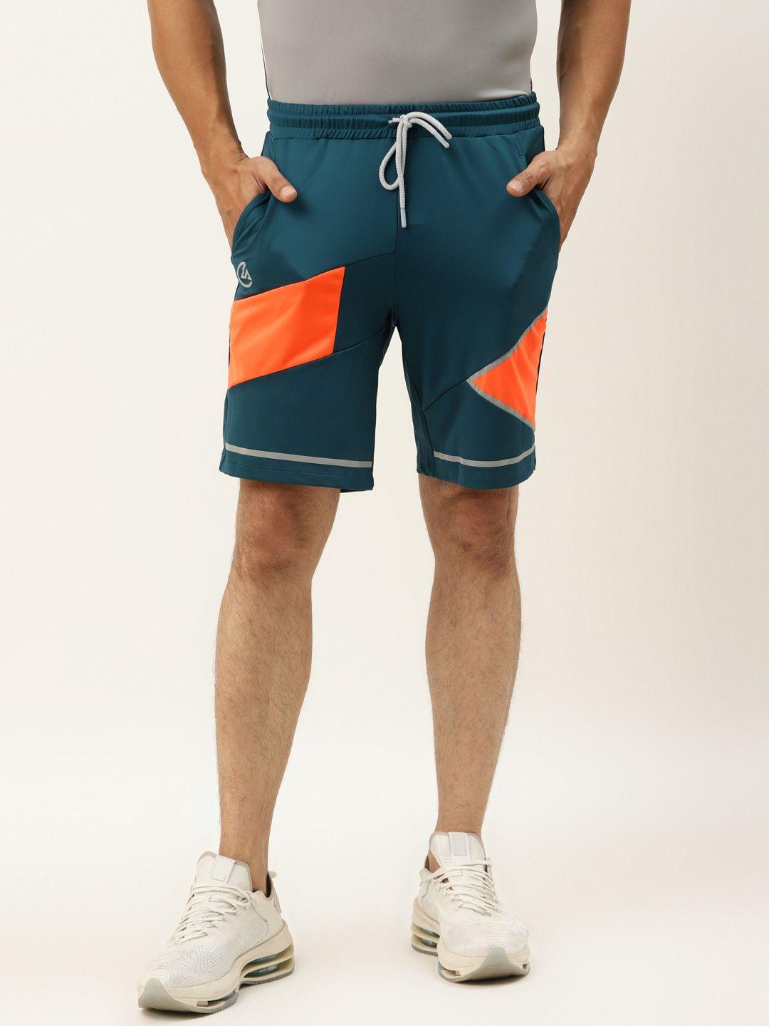 actoholic men teal blue & coral orange colourblocked regular fit sports shorts