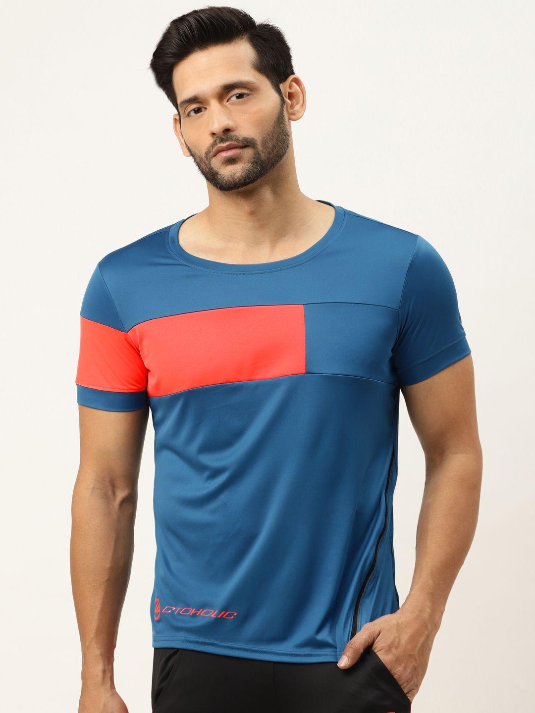 actoholic men teal blue & neon pink striped round neck t-shirt