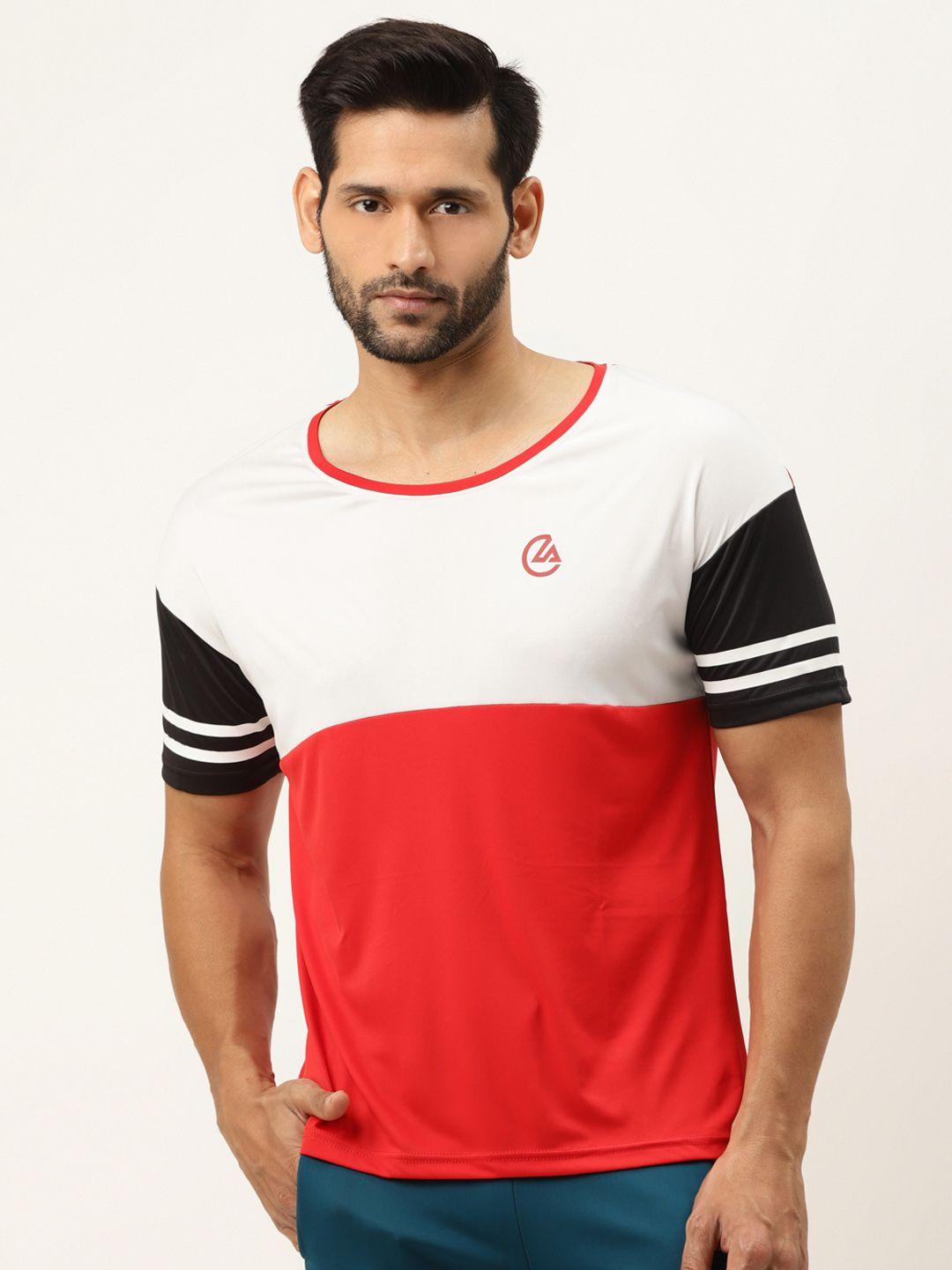 actoholic men white & red colourblocked round neck t-shirt