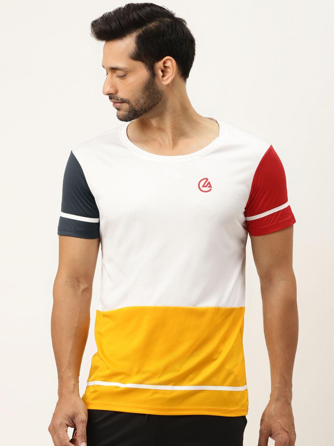 actoholic men white & yellow colourblocked round neck t-shirt