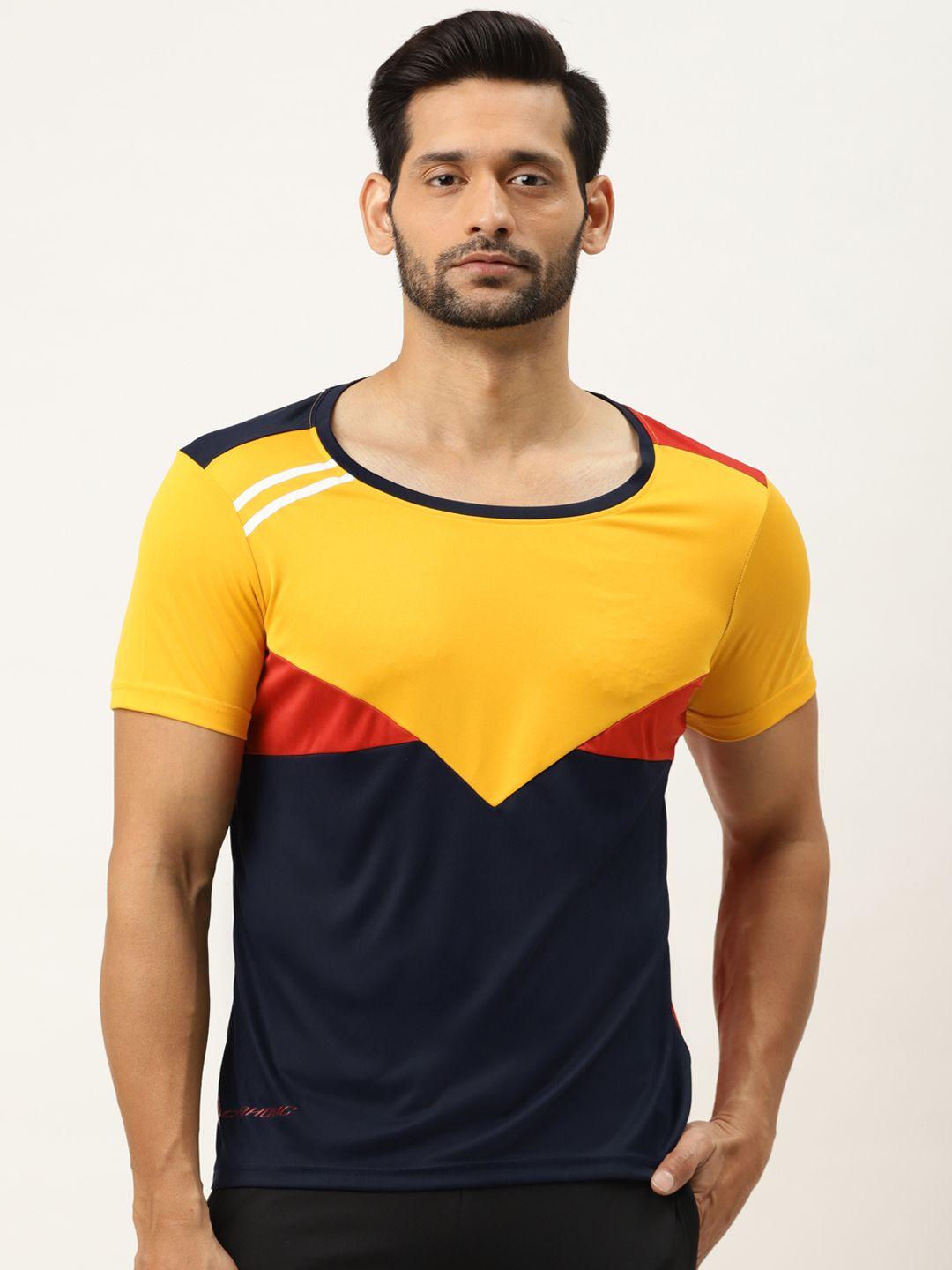 actoholic men yellow & black colourblocked round neck t-shirt