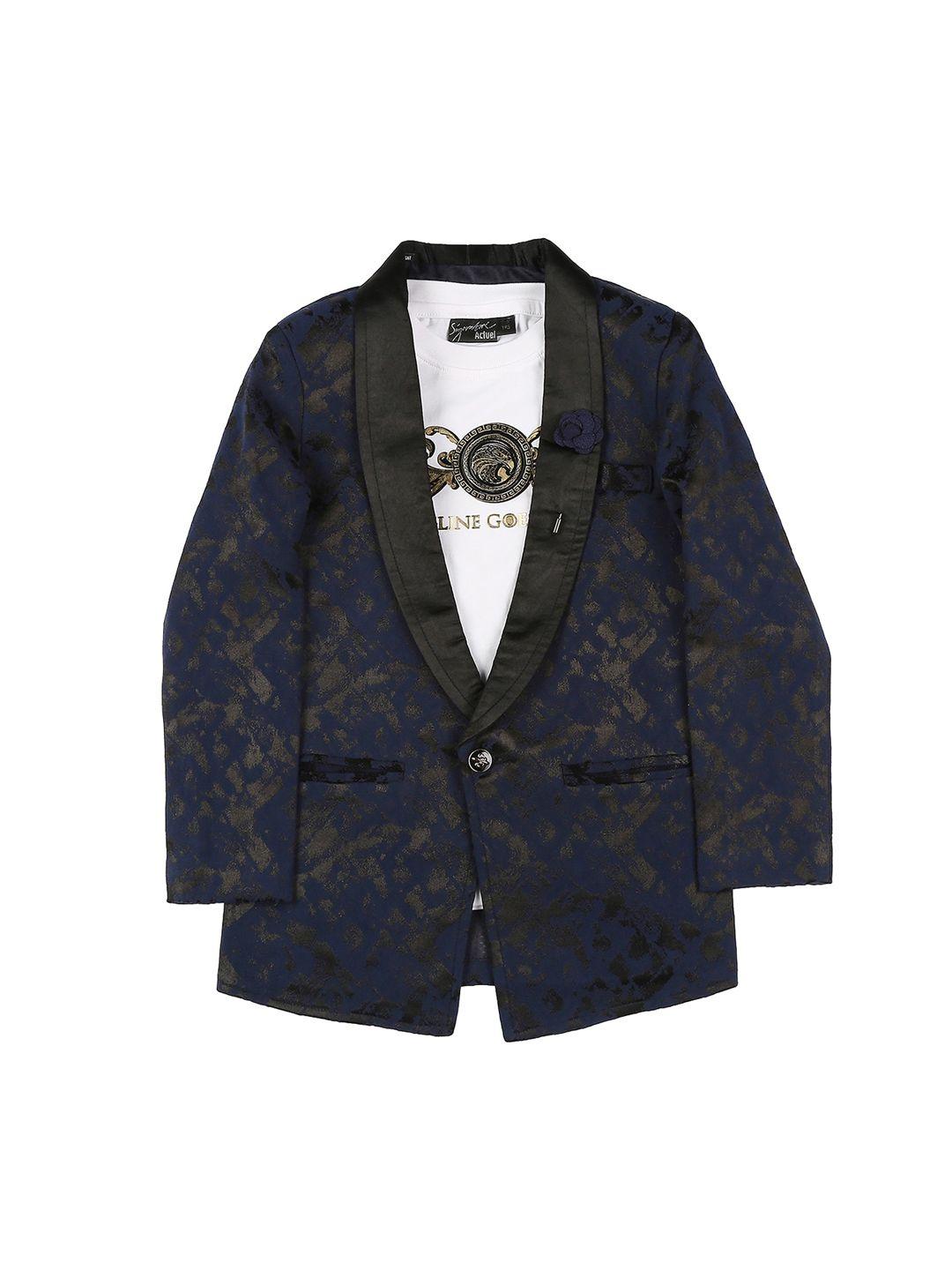 actuel boys blue & black printed single-breasted blazers with t-shirt