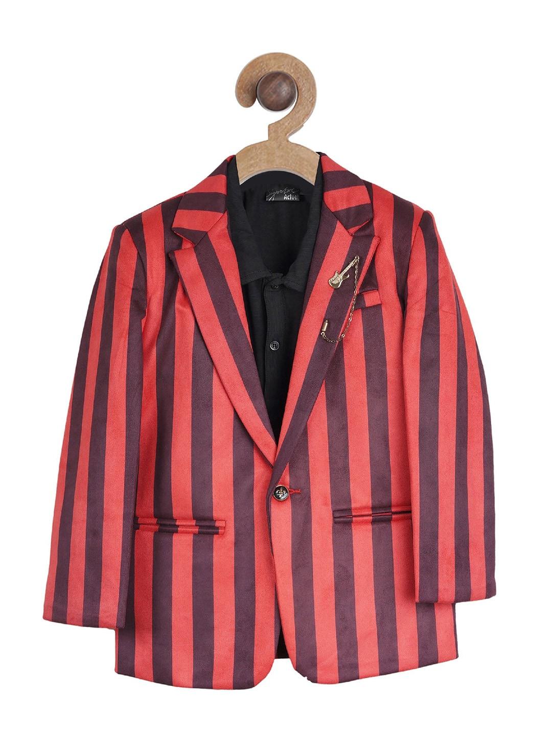 actuel boys red & black striped single-breasted party blazer