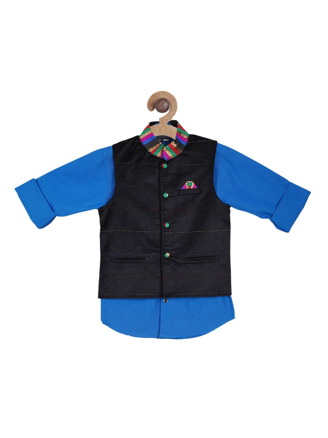 actuel boys black & blue regular fit solid casual shirt with nehru jacket