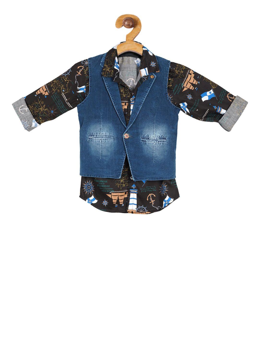 actuel boys blue solid denim pure cotton waistcoat with printed shirt