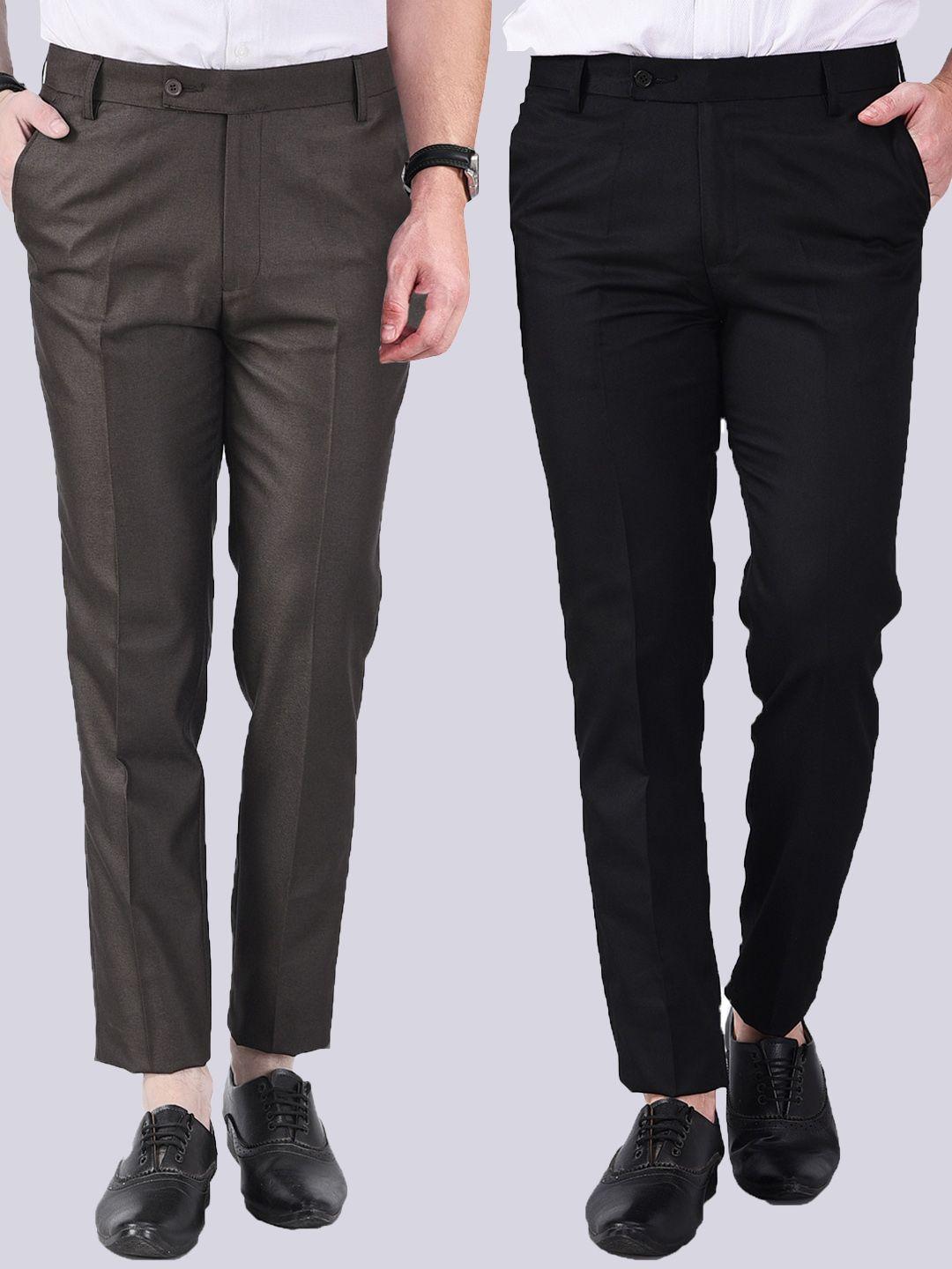 ad & av men coffee brown & black set of 2 formal trousers