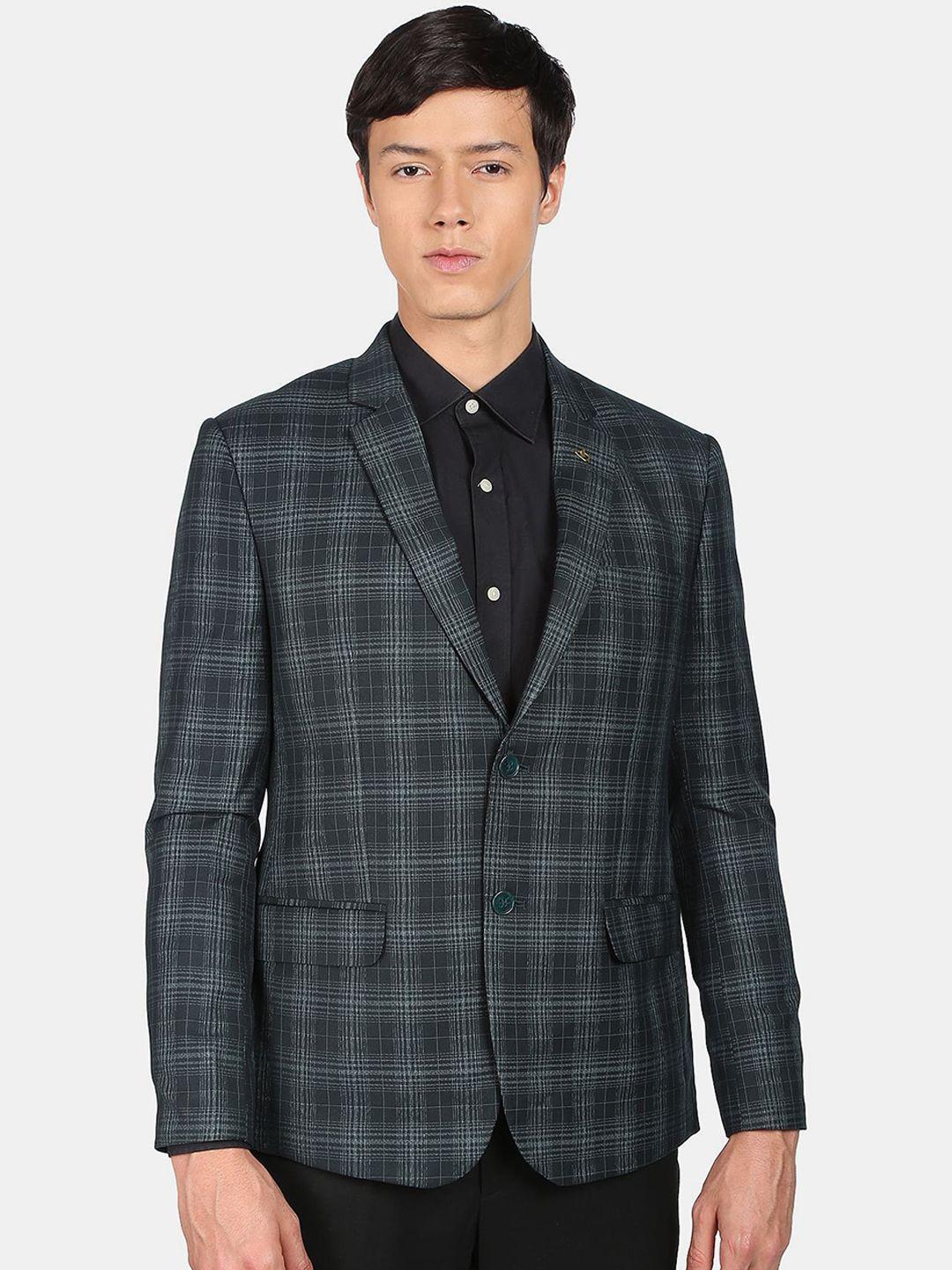 ad by arvind men green checked single-breasted tailored-fit formal blazer