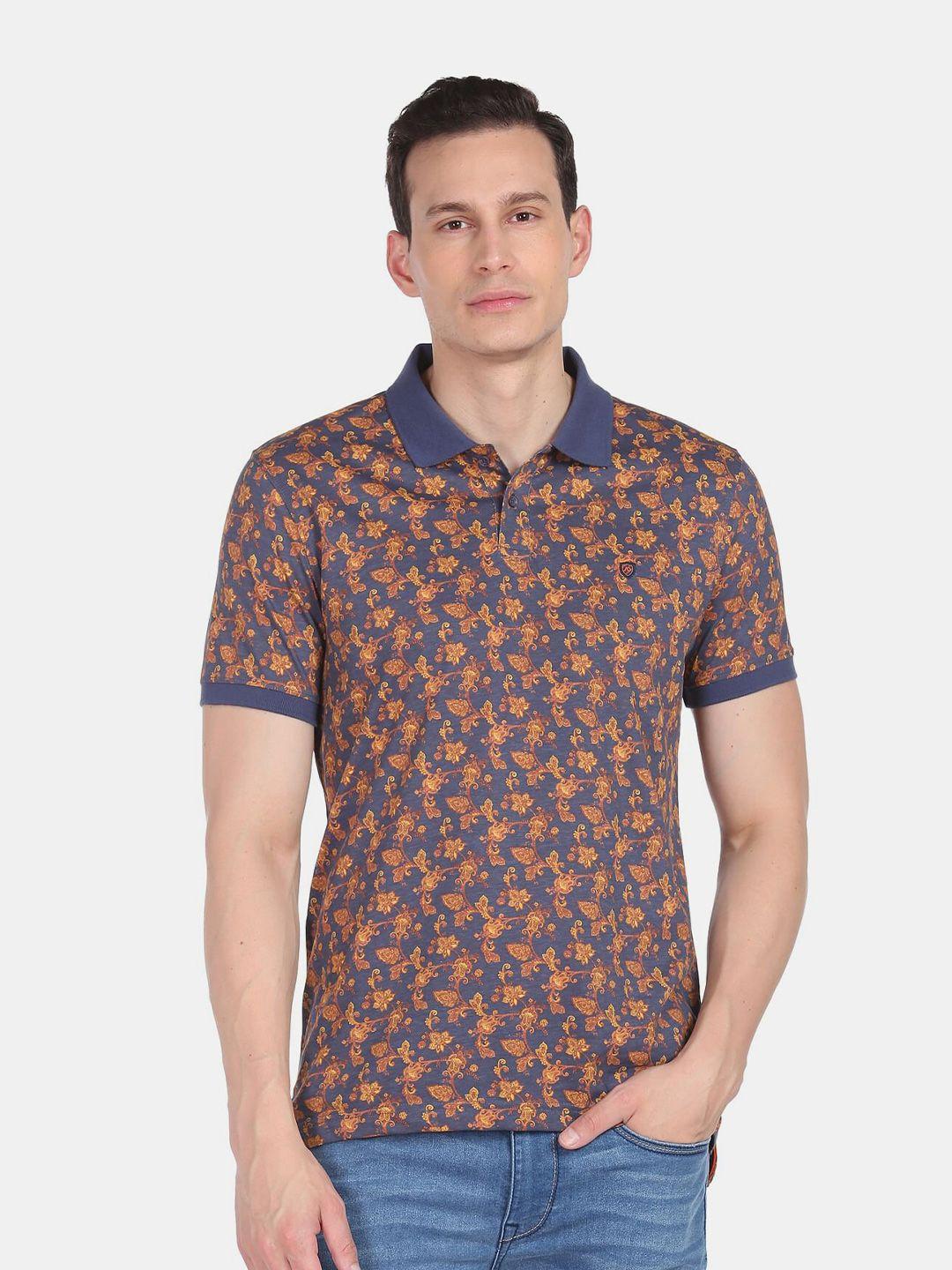 ad by arvind men navy blue & orange polo collar slim fit pure cotton t-shirt