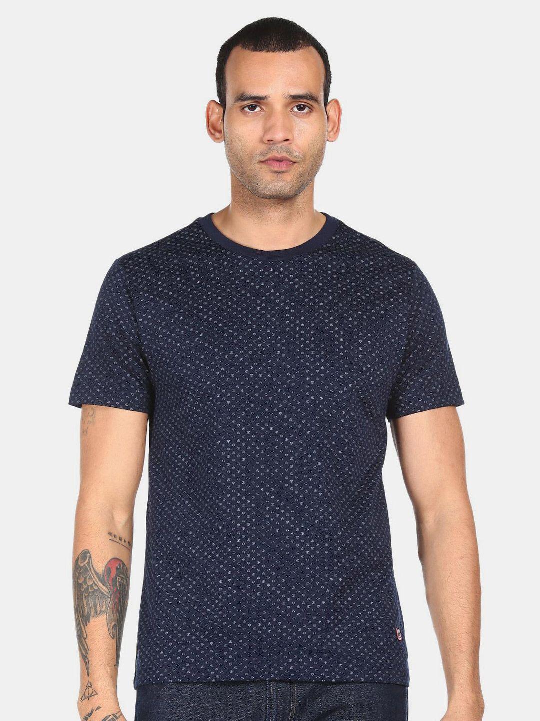 ad by arvind men navy blue & white floral printed pure cotton t-shirt