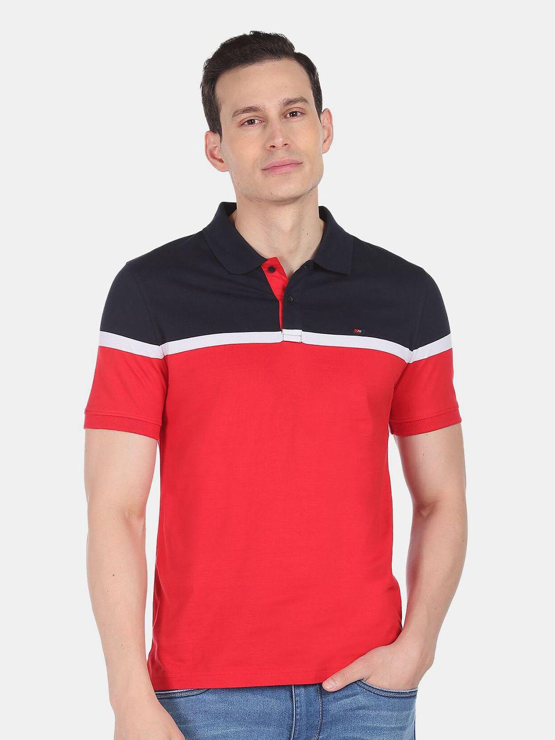 ad by arvind men red & black colourblocked polo collar slim fit cotton t-shirt