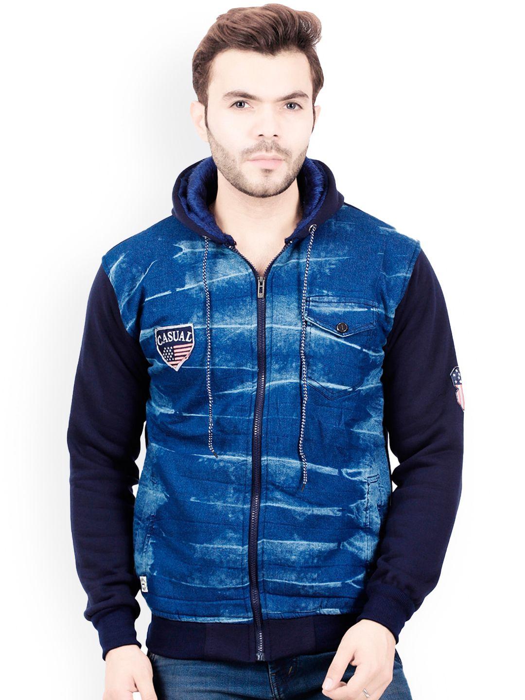 ad & av men navy blue fleece denim jacket with patchwork