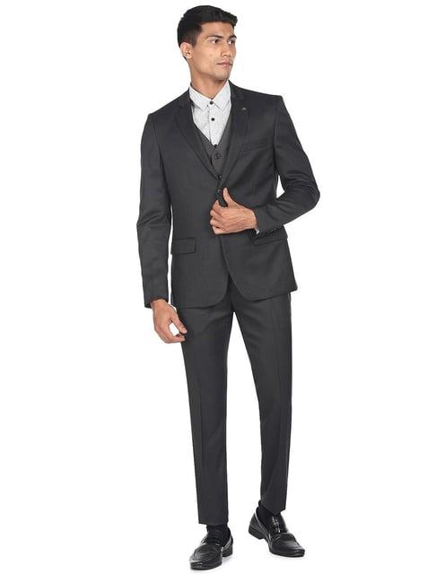 ad by arvind black regular fit notch lapel three piece suit