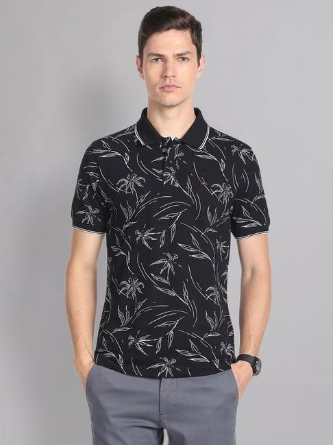 ad by arvind black slim fit floral print polo t-shirt