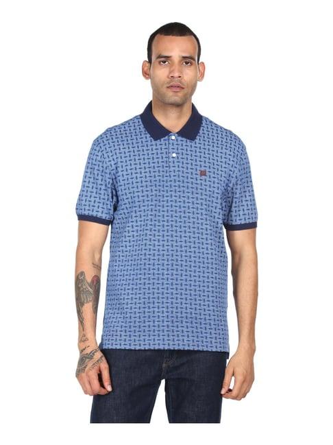 ad by arvind blue cotton regular fit printed polo t-shirt