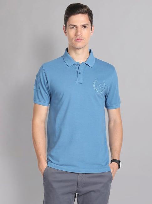 ad by arvind blue slim fit embroidered logo polo t-shirt