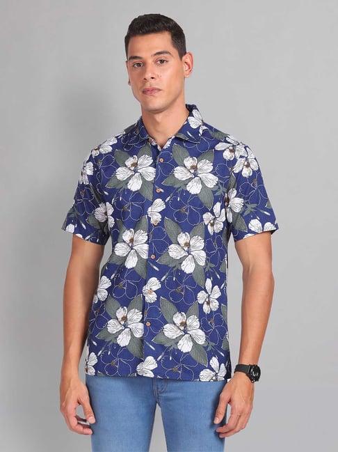 ad by arvind blue slim fit floral print shirt