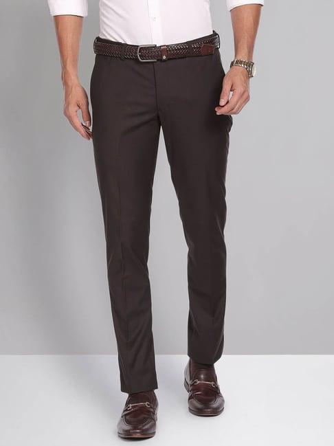 ad by arvind brown slim fit flat front trousers