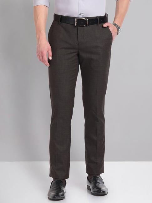 ad by arvind brown slim fit flat front trousers