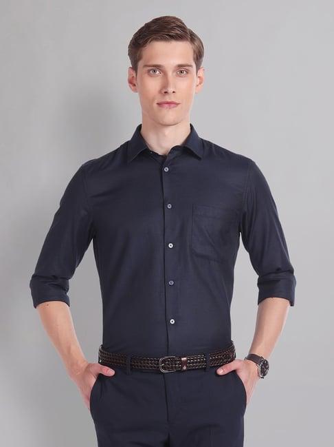 ad by arvind dark blue regular fit textured shirt