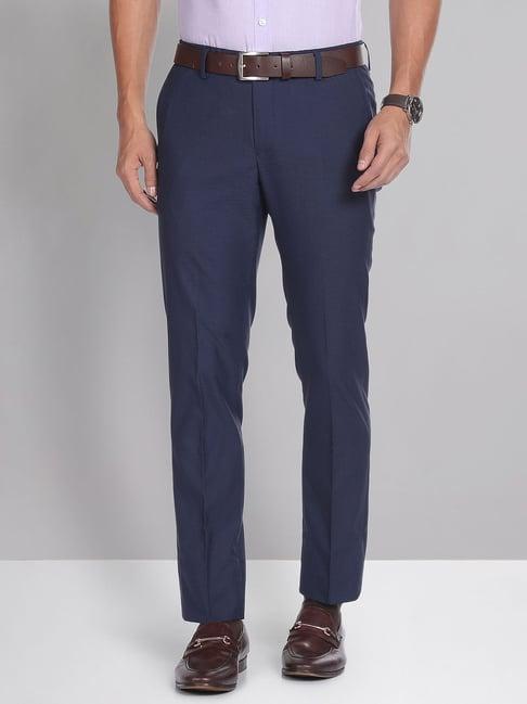 ad by arvind dark blue slim fit flat front trousers