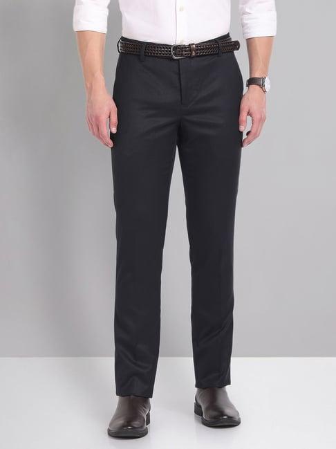 ad by arvind dark blue slim fit flat front trousers