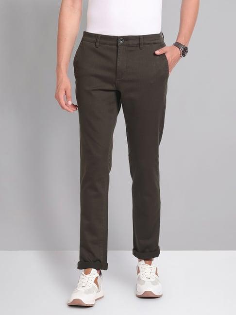 ad by arvind dark green regular fit flat front trousers