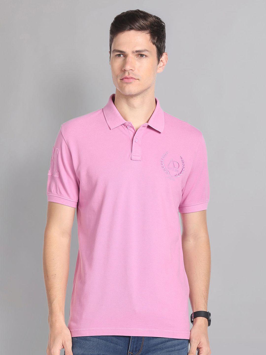 ad by arvind embroidered logo moistex finish polo collar slim fit pure cotton t-shirt