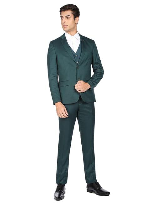 ad by arvind green regular fit self pattern three piece suit