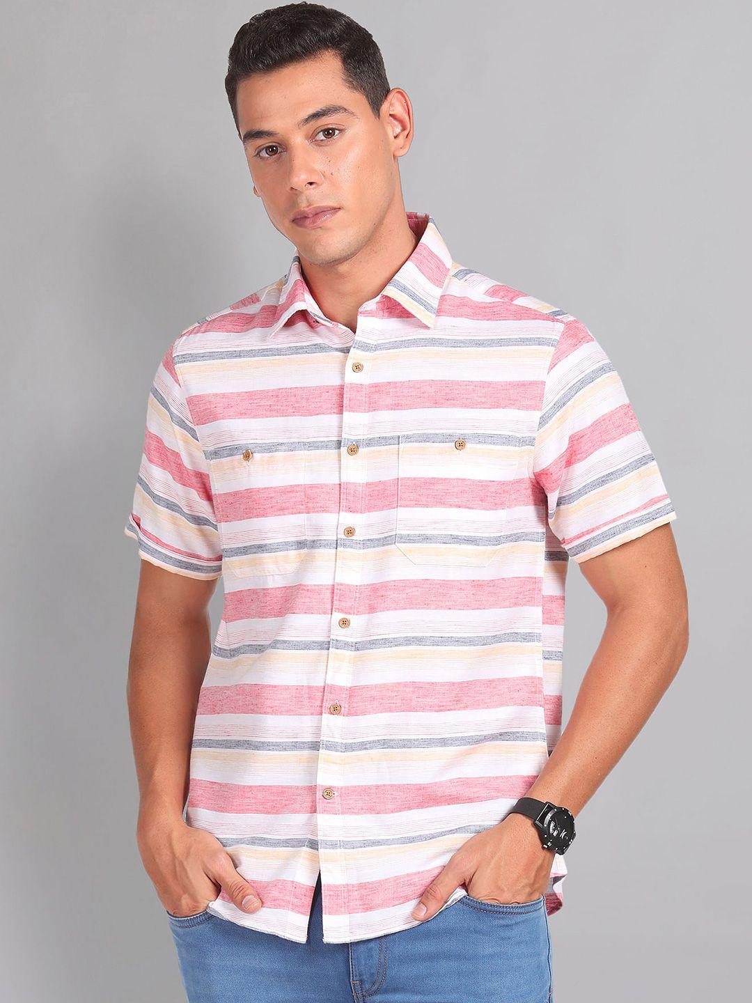 ad by arvind horizontal striped dual pocket slim fit opaque casual shirt