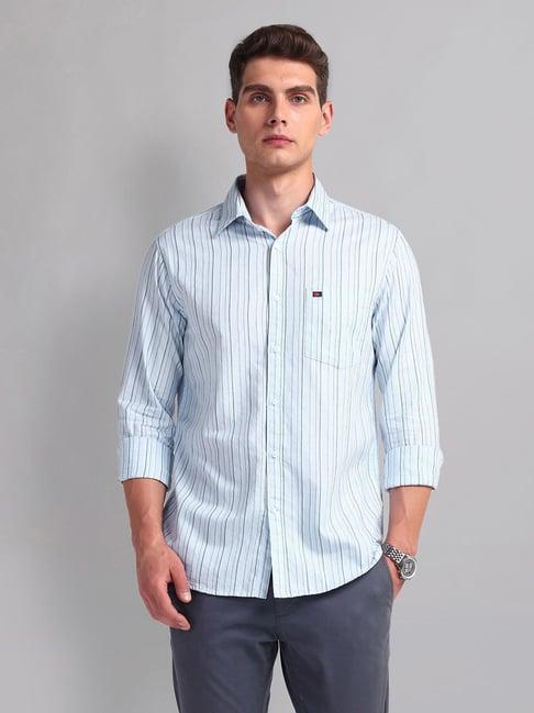 ad by arvind light blue slim fit striped shirt