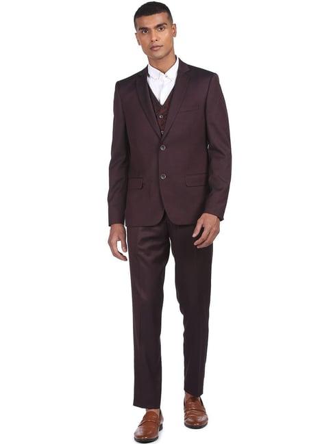 ad by arvind maroon regular fit three piece suit