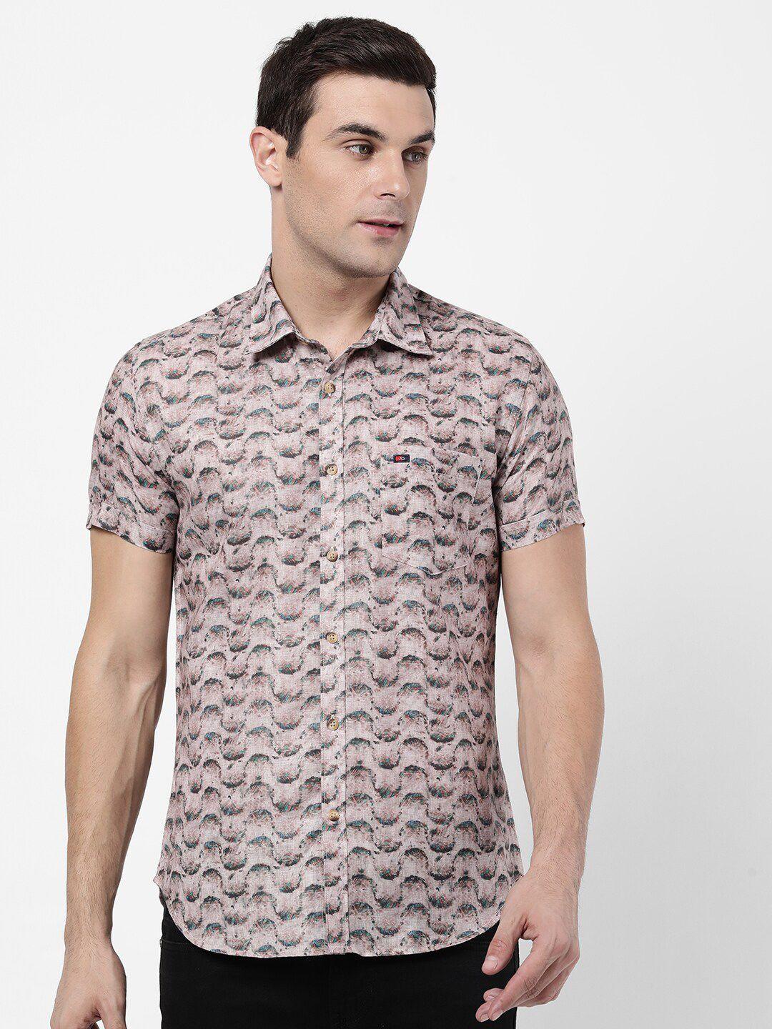 ad by arvind men beige printed slim fit casual shirt