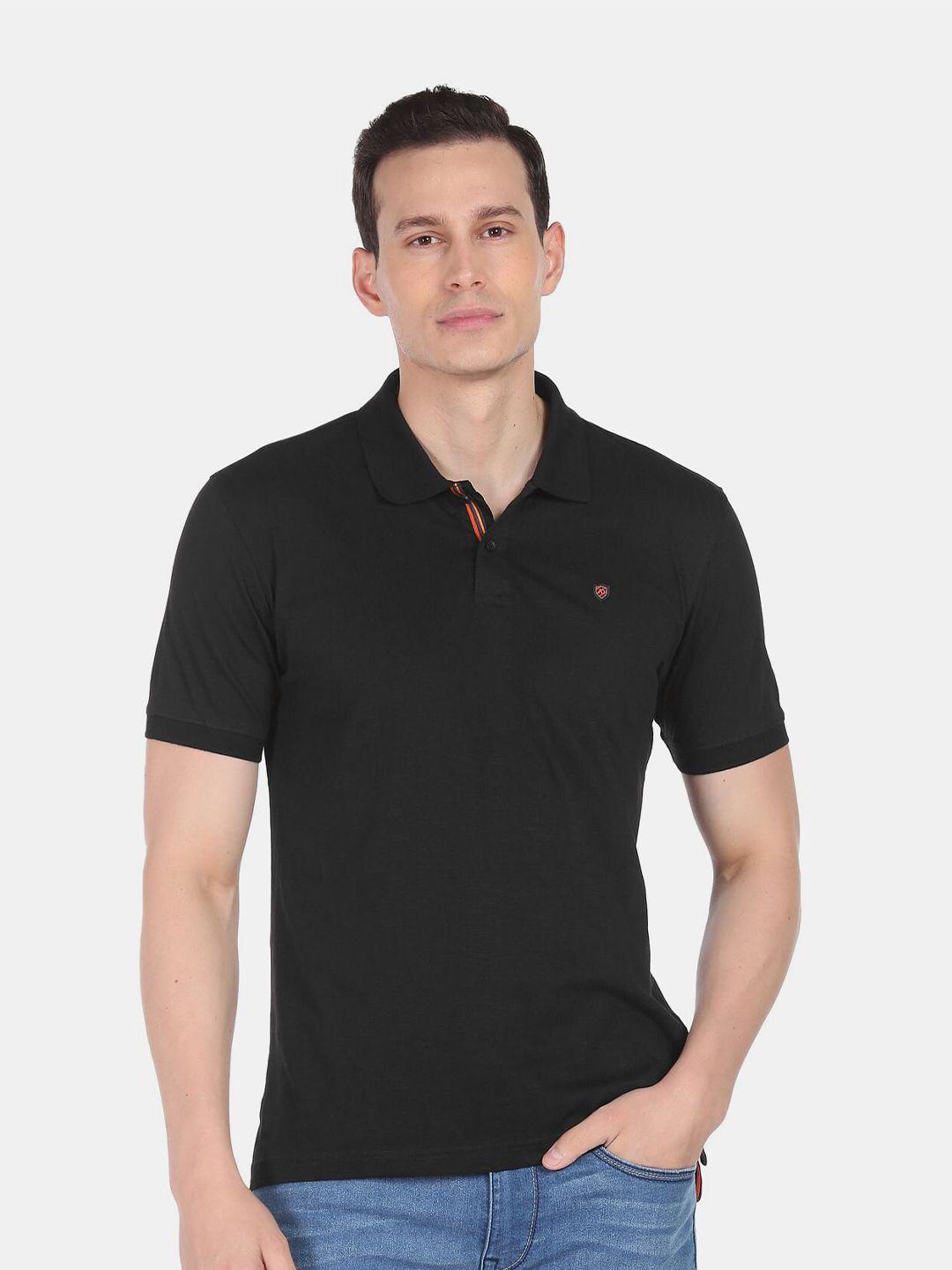 ad by arvind men black polo collar slim fit cotton t-shirt
