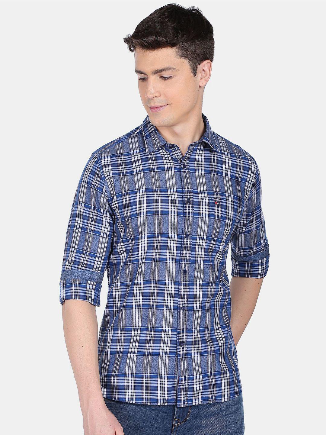 ad by arvind men blue cotton slim fit tartan checks checked casual shirt