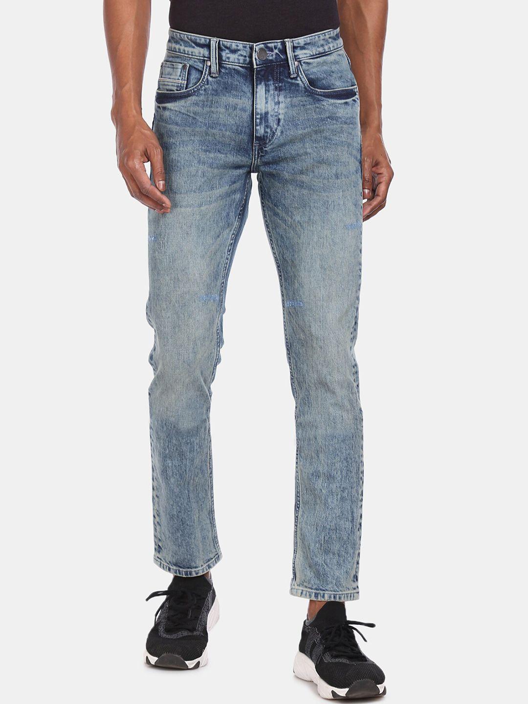 ad by arvind men blue stretchable acid-wash cropped regular fit jeans