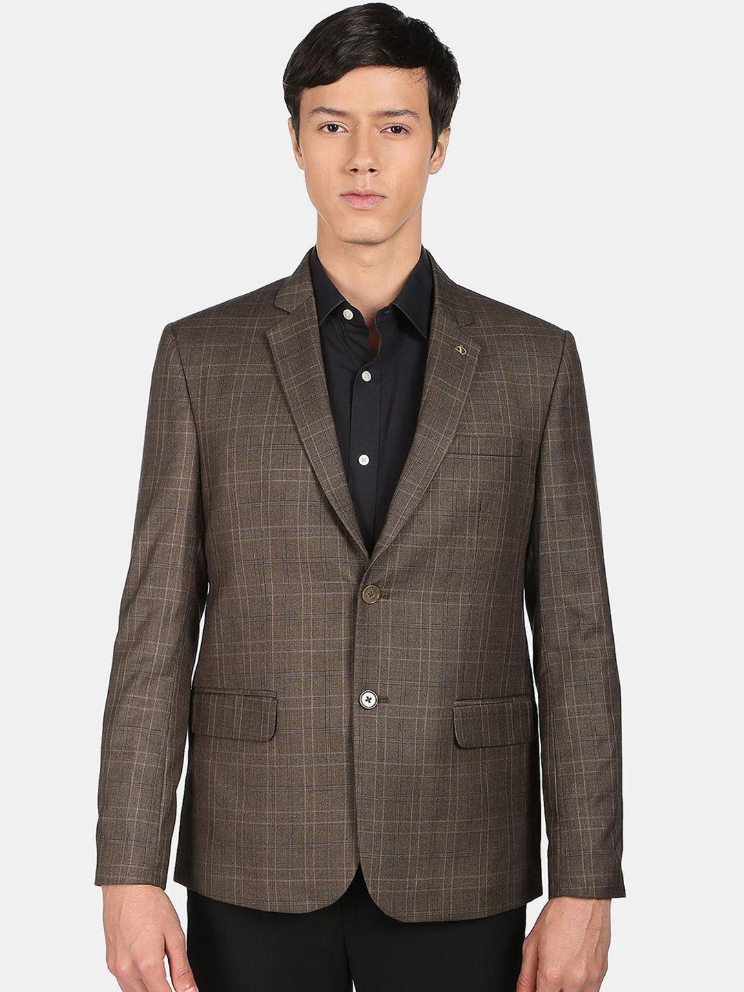ad by arvind men brown checked single-breasted formal blazer