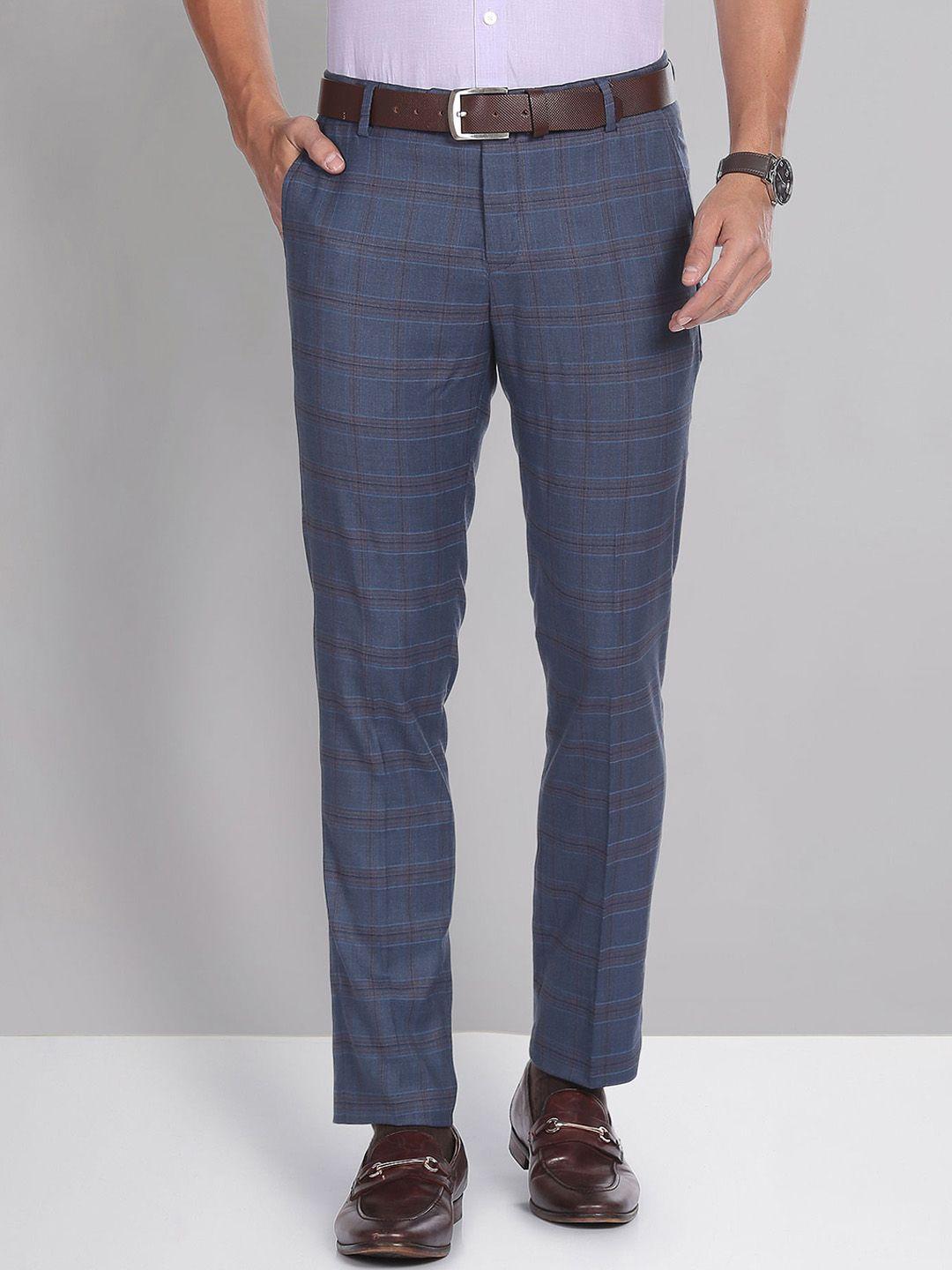 ad by arvind men checked slim fit formal trousers