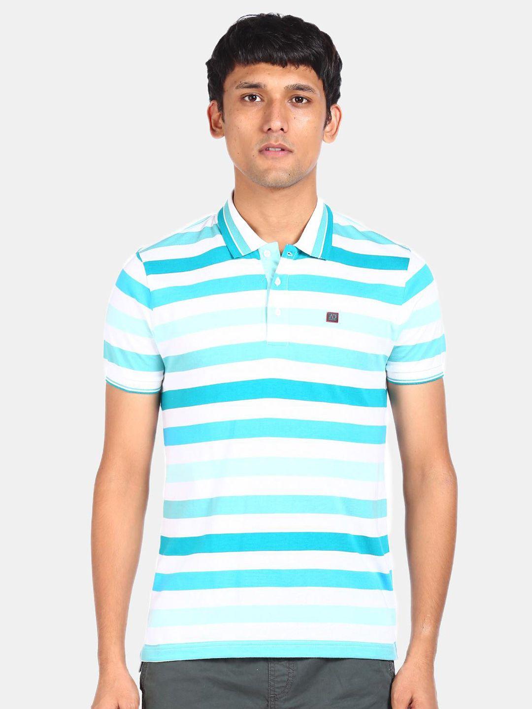 ad by arvind men cotton turquoise blue striped polo collar t-shirt