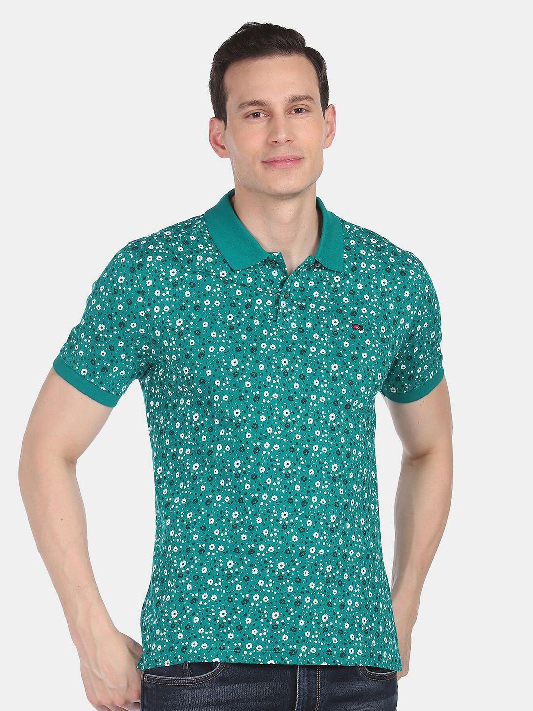 ad by arvind men green floral printed polo collar slim fit cotton t-shirt