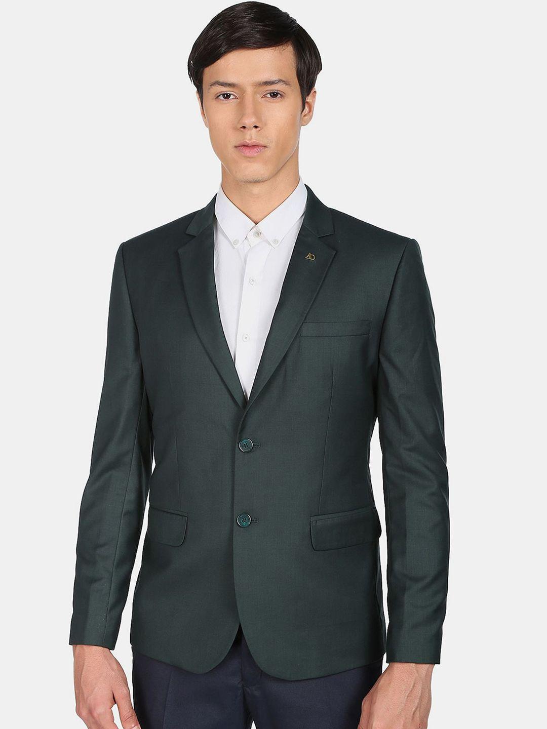 ad by arvind men green solid tailored-fit single breasted blazer
