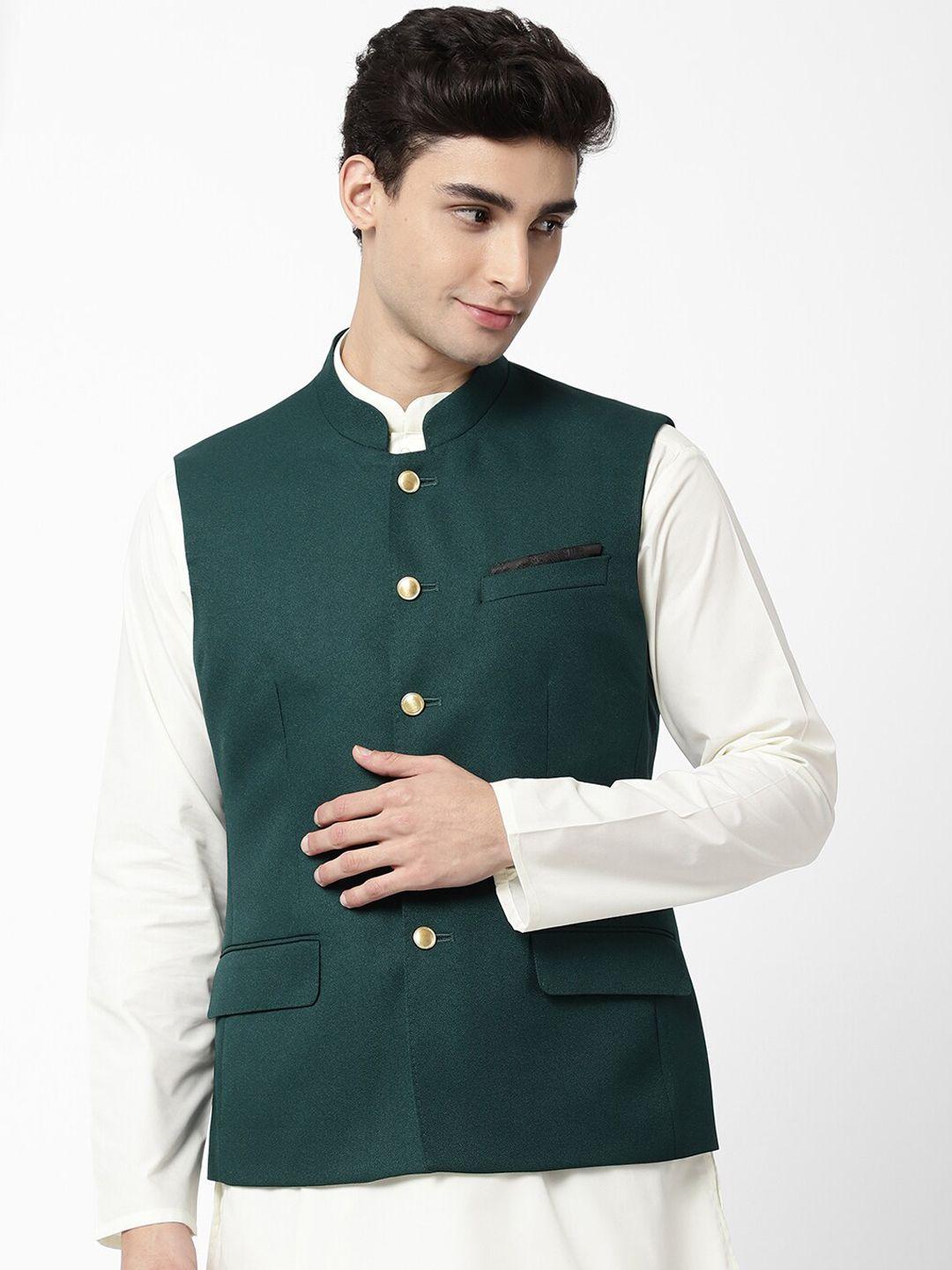ad by arvind men green solid woven nehru jacket