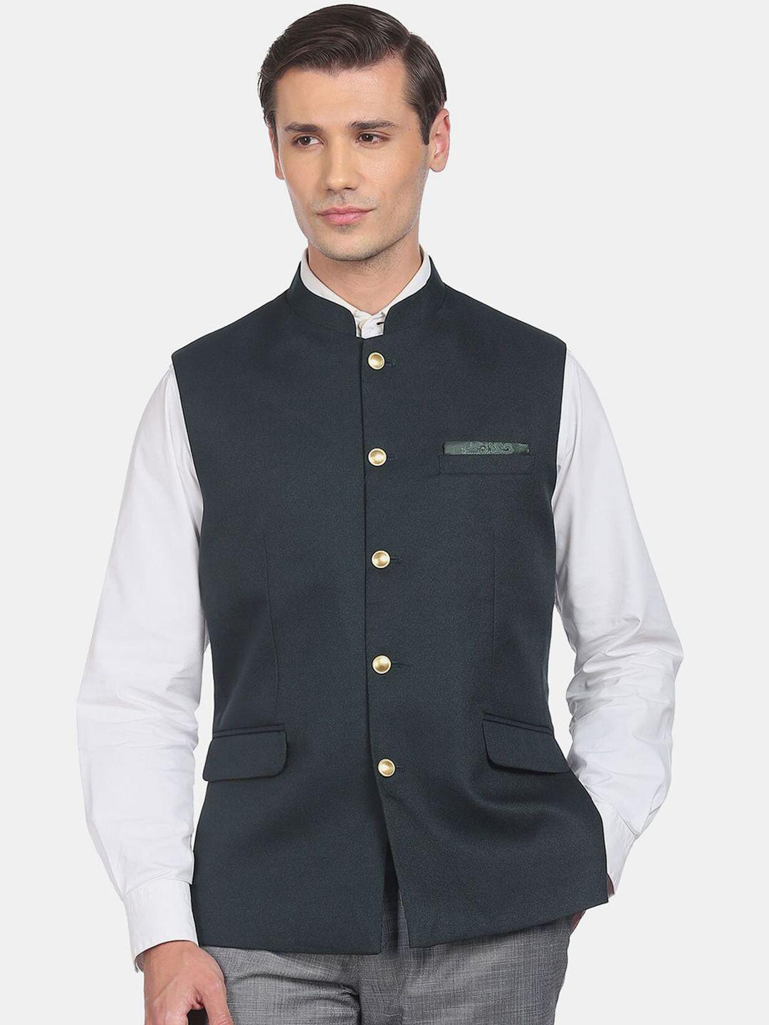 ad by arvind men green textured woven nehru jacket