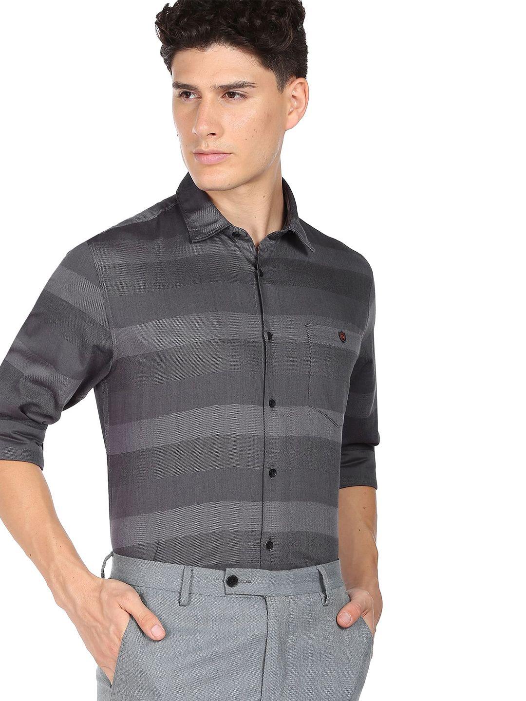 ad by arvind men grey slim fit horizontal stripes opaque striped formal shirt