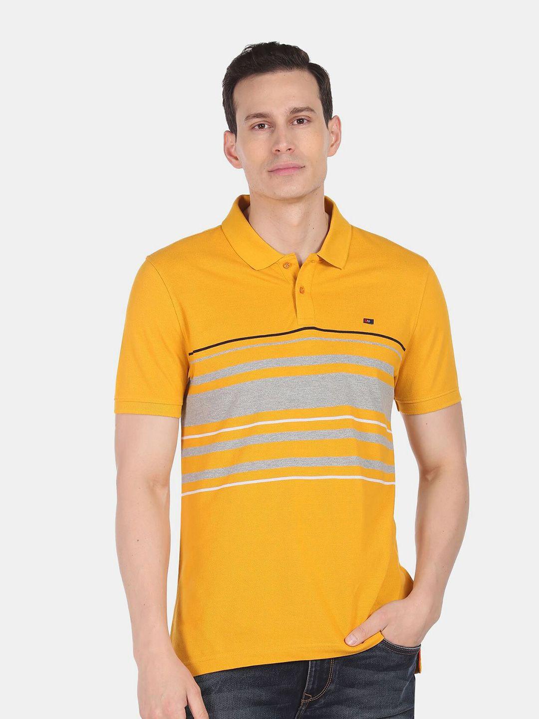 ad by arvind men mustard yellow striped polo collar slim fit pure cotton t-shirt