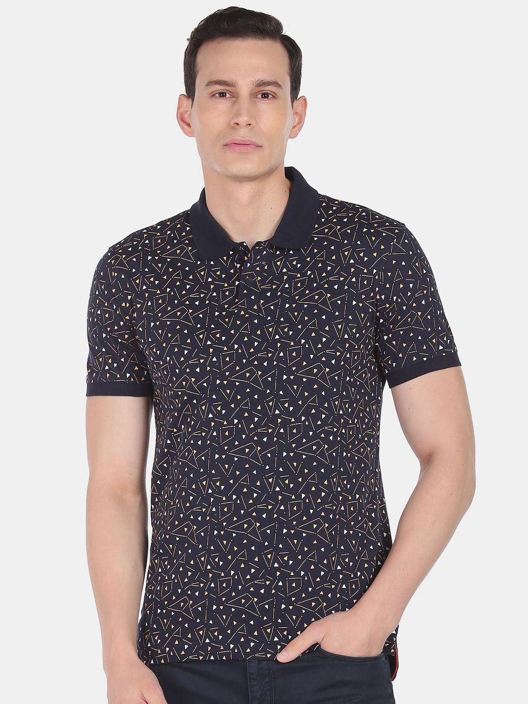 ad by arvind men navy blue geometric printed polo collar slim fit cotton t-shirt
